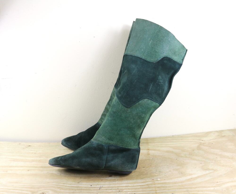 Vintage Wild Pair Boots 7.5 Green Leather Patchwork 70's Disco Boho